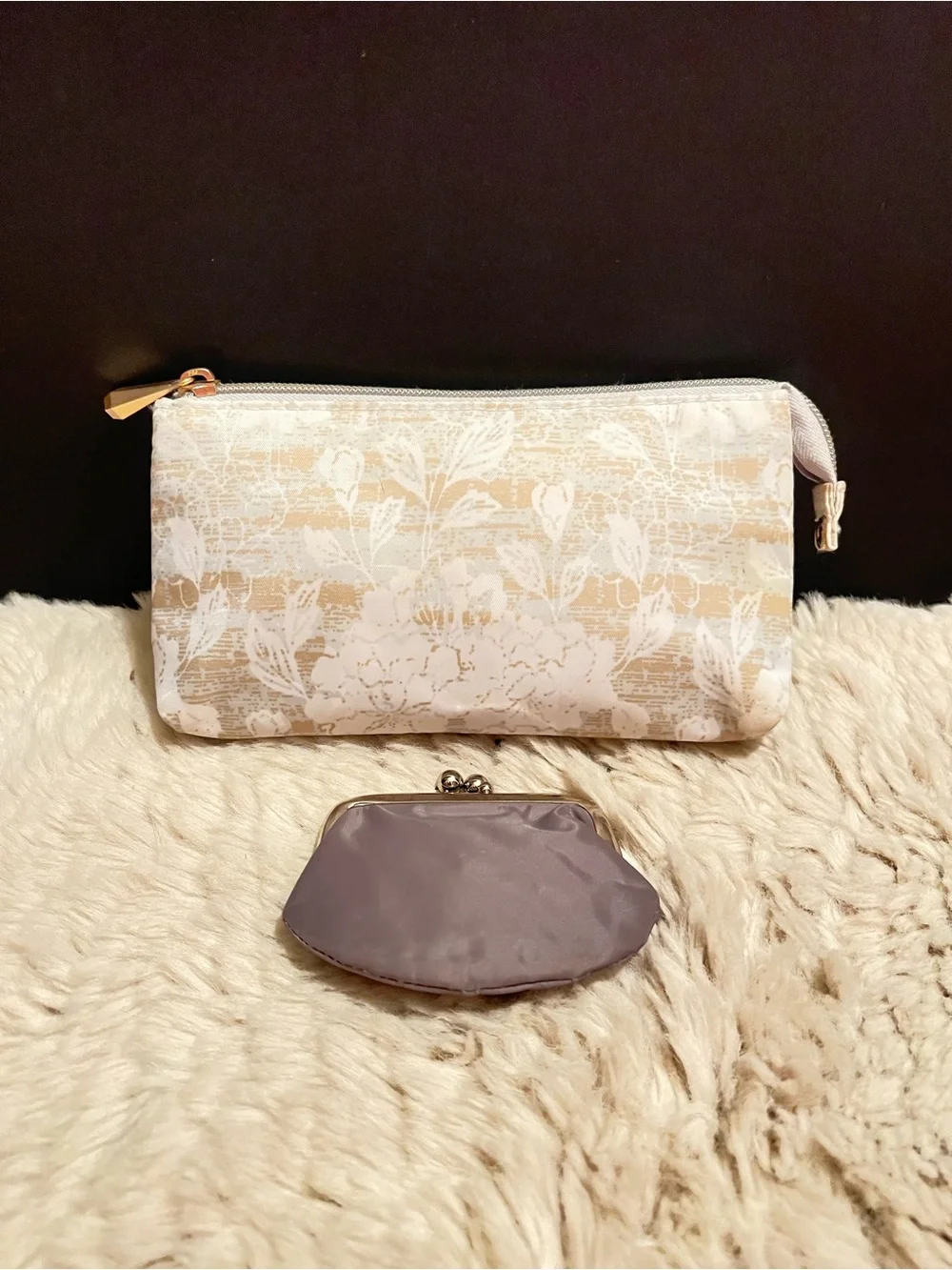 Floral pPrint Cosmetic Pouch and Satin kiss lock Coin Purse Set - Cream & Gray